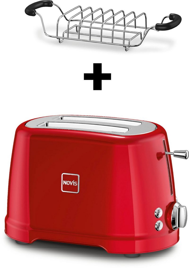 NOVIS Toaster T2 rot SET 2 kurze Schlitze 900 W mit Brötchenwärmer